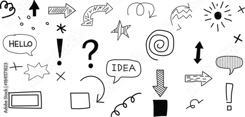 Hand drawn doodle element collection with arrows, text bubbles