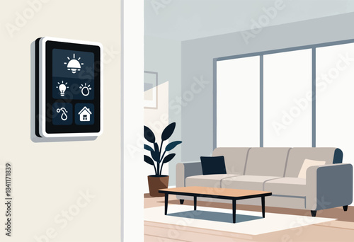 A minimalist living room scene shows a smart home control panel with light and home icons, sofa, plant, and windows