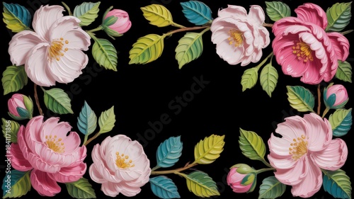 Floral Border Illustration | Roses and Leaves Botanical Frame on Black Background.