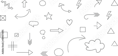 Hand drawn doodle style arrows and graphic symbols collection