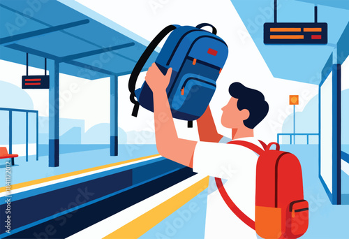 A person with two backpacks, one raised, stands on a train platform. The illustration has cool blues & orange accents