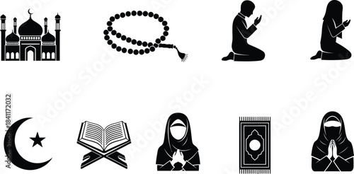Islamic symbols collection including mosques prayer beads and religious figures