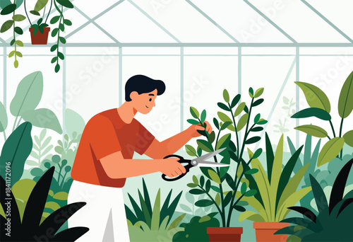 A person in a greenhouse trims a plant with scissors. Greenery surrounds, some hanging, inside. Soft colors, simple style