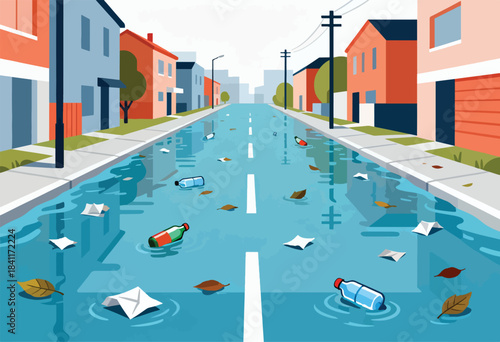 A flooded street in a city scene with paper, leaves, and trash. Colorful houses line the road
