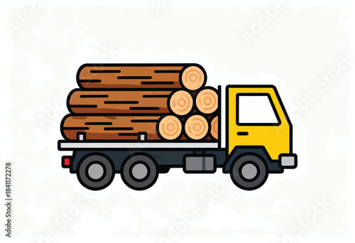 Vector illustration of a yellow truck transporting a load of freshly cut logs, side view, on a textured background