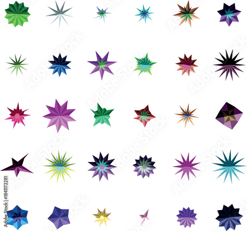 A varied assortment of brightly colored geometric starburst designs arranged neatly on a clear white surface