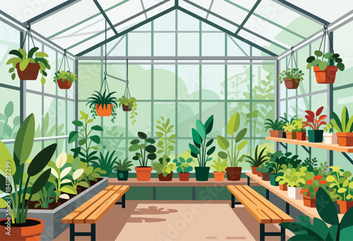 An illustration depicts a greenhouse interior filled with diverse potted plants, benches, and abundant natural light