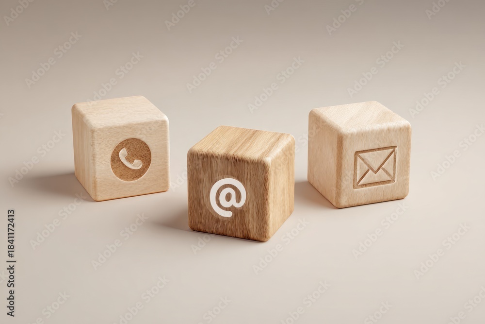 Fototapeta premium Wooden blocks show contact icons for phone email and mail.