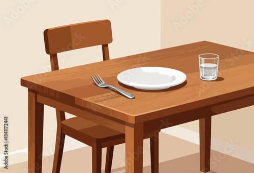 A simple, minimalist illustration features a wooden table with a plate, fork, and glass of water. A chair is nearby