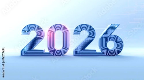 Dynamic 3D Render of the Year 2026 with Futuristic Digital Glare and Vibrant Blue and Purple Tones, Symbolizing Progress and Innovation in the Upcoming Era