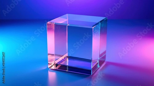 Transparent Glass Cube Illuminated with Vibrant Neon Colors