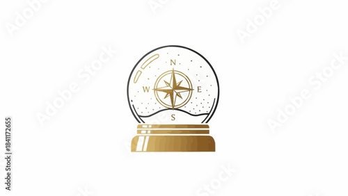 Elegant golden compass rose icon within a stylized snow globe, representing guidance, adventure, and global exploration; a clean vector graphic for symbolic navigation