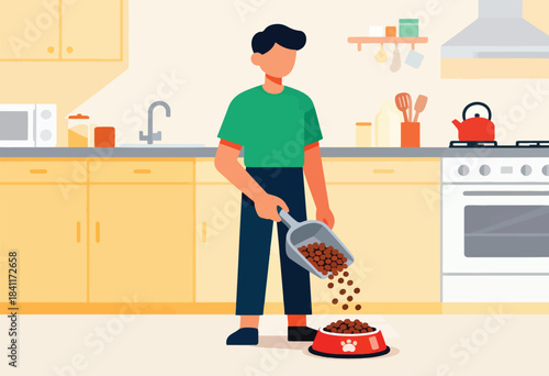 A person in a kitchen pours dog food from a scoop into a bowl, next to a stove. Kitchen backdrop