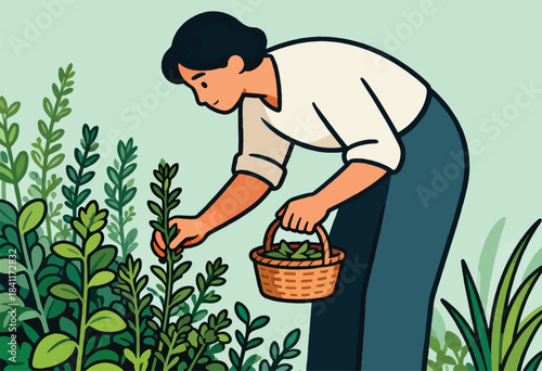 A person, in a stylized illustration, is harvesting plants from a lush garden with a basket