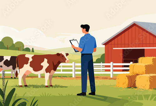 A farmer in blue shirt inspects cows in a field, a red barn and hay bales in the background