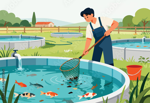 An illustrated aquaculture scene depicts a man cleaning a pond with a net surrounded by fish and landscaping