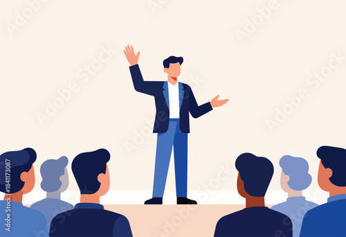 Illustration depicting a speaker addressing an audience. The speaker raises a hand. Spectators watch from the foreground