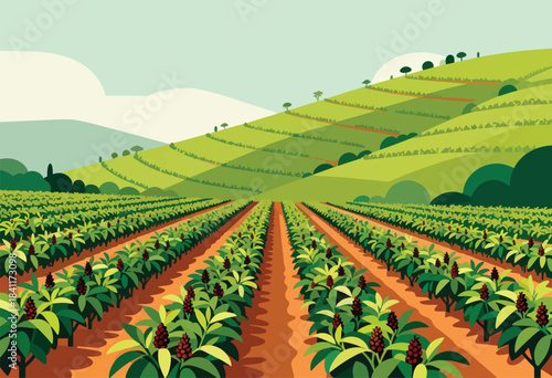 An illustration depicts a field of crops planted in rows, leading the eye towards rolling green hills and a light blue sky