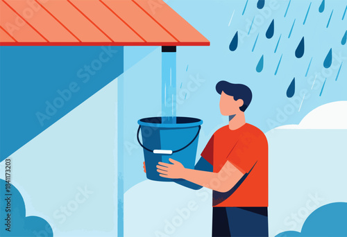 Illustration shows a person collecting rainwater from a building's roof in a bucket under falling rain