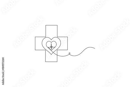 Continuous line medical cross with heart and ecg modern clean outline design
