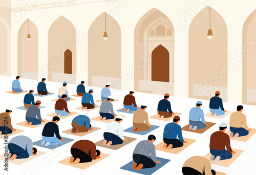 Vector illustration depicts men kneeling in prayer within a mosque, featuring arched architecture and pendant lights