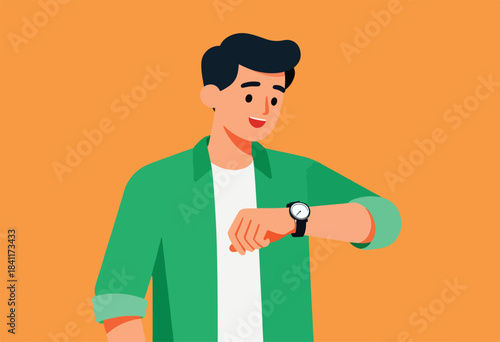 A smiling man in a green shirt and white shirt underneath looks at his watch against an orange background