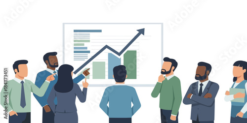 Diverse business team analyzes upward trending financial growth chart during a serious corporate strategy meeting presentation on transparent background