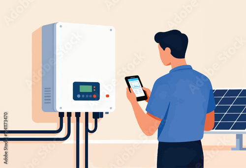 A person views a smartphone screen near a solar panel and a white power box on a wall