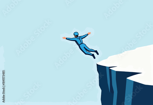 An illustration depicting a person in a blue jumpsuit jumping off a snow-covered cliff, with the sky as background