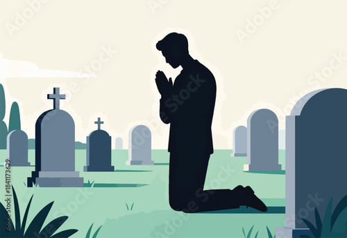 A silhouette kneels in prayer at a cemetery with tombstones and a peaceful, pastel backdrop