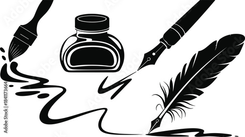 Vintage Ink Writing Tools, Quill Pens, and Calligraphy Brush Silhouette Vector Set