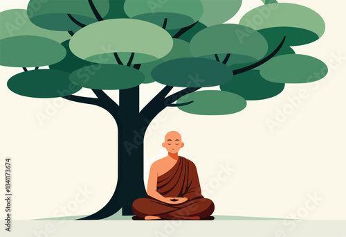 Illustration depicts a bald person in meditation beneath a tree with green foliage, in a minimalist style