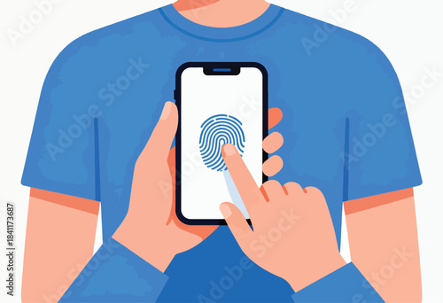 A person in a blue shirt holds a phone with a fingerprint scanner, using a finger to unlock it