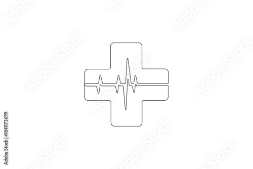 Medical cross with heart and ecg continuous one line minimalist outline illustration
