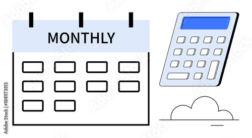 Financial planning, budgeting tools, business analytics, payment tracking, economic planning, expense management. A calendar labeled monthly with a calculator and cloud illustration. Financial