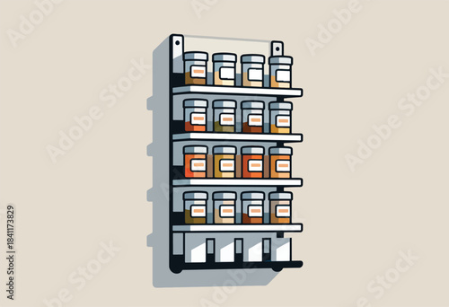 A wall-mounted spice rack, stylized with clean lines and filled jars of various spices, casting a shadow