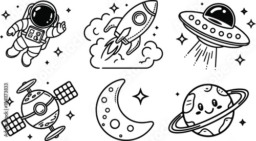 Space doodle set with cute astronaut, rocket, UFO, and planet line art icon, vector illustration