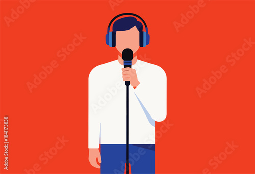 A flat illustration of a person with headphones speaking into a microphone against an orange backdrop