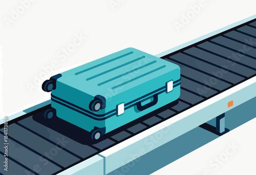 A teal suitcase with wheels moves along a conveyor belt, set against a white backdrop. Isometric style