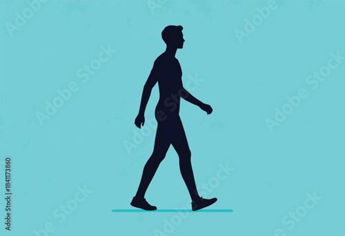 Silhouette of a man in profile walking on a line, dark figure against a teal backdrop