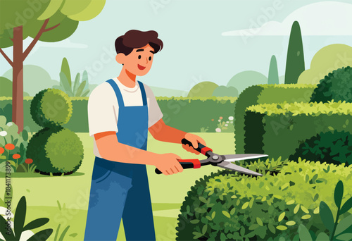A gardener trims a hedge with shears in a sunny garden, surrounded by trees and sculpted bushes