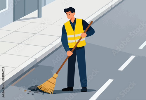 A person in a yellow vest sweeps a street; roadside debris lies at the broom's base. Sidewalk and road details