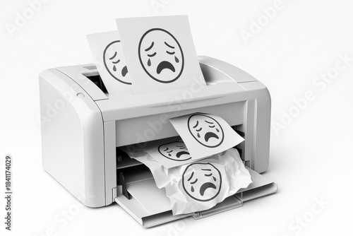 office syndrome concept, Printer printing sad face emoticons on paper in concept of frustration or error