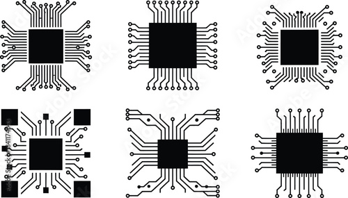 Set of electronic microchip and CPU processor vector icons