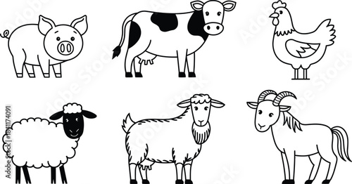 Cute Farm Animals Outline Vector Icon Set