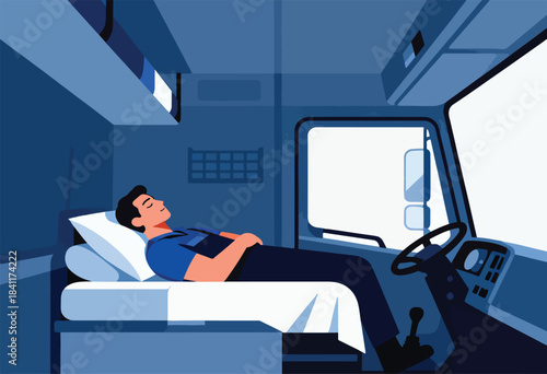 An illustration depicting a truck driver sleeping in the cabin, a daytime scene with blues and whites