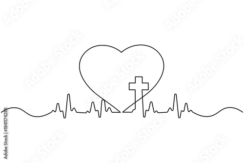 Minimalist medical cross and heart one line abstract healthcare symbol
