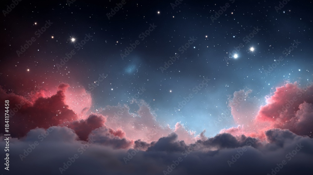 Obraz premium Dramatic starry night sky filled with nebula and thick red and blue illuminated clouds above a dense cloud layer.