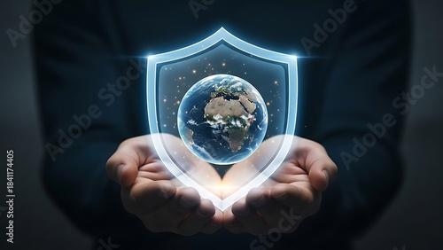 Protecting the Earth - Hands Holding Globe with Shield Overlay.