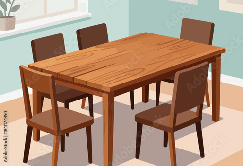 An illustration depicting a wooden dining table with four brown chairs around it, in a room